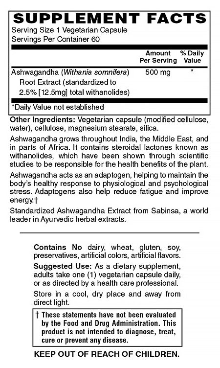 Ashwagandha Extract 500Mg supplement facts